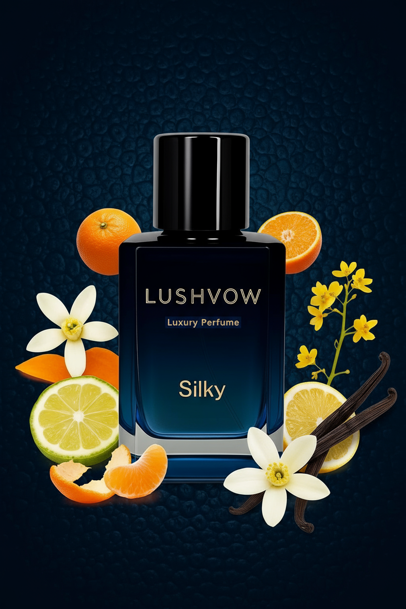 "Lushvow Luxury Perfume Silky, inspired by Narciso Women, features a deep blue bottle with a black cap, surrounded by fresh oranges, lemon slices, vanilla beans, orange blossoms, and yellow flowers, set against a cinematic deep dark blue background with a textured goosebump effect."