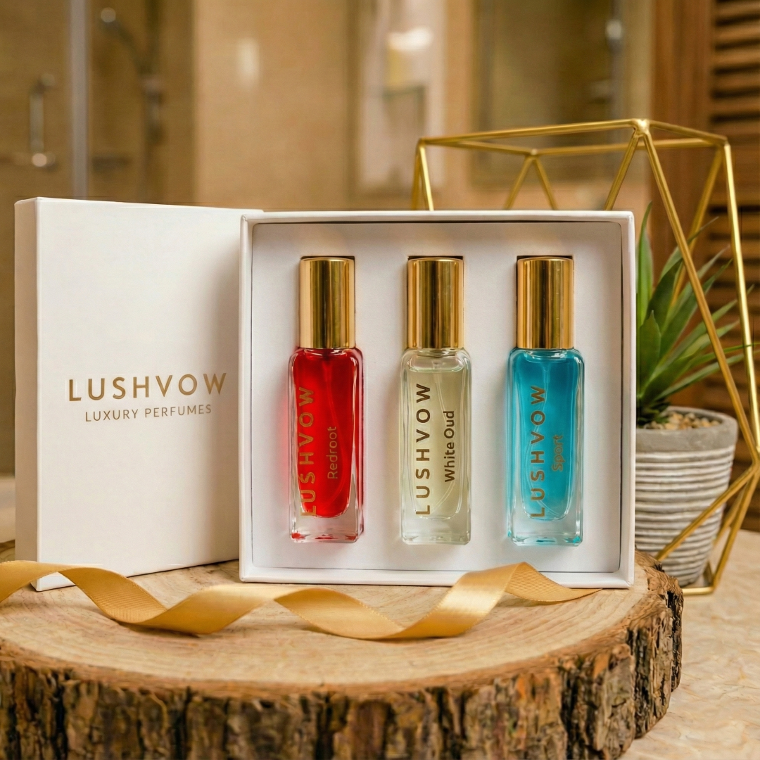 Lushvow Unisex Perfume Trial Combo Pack – Redroot, White Oud & Sport (3 × 20ml | 30% Oil)